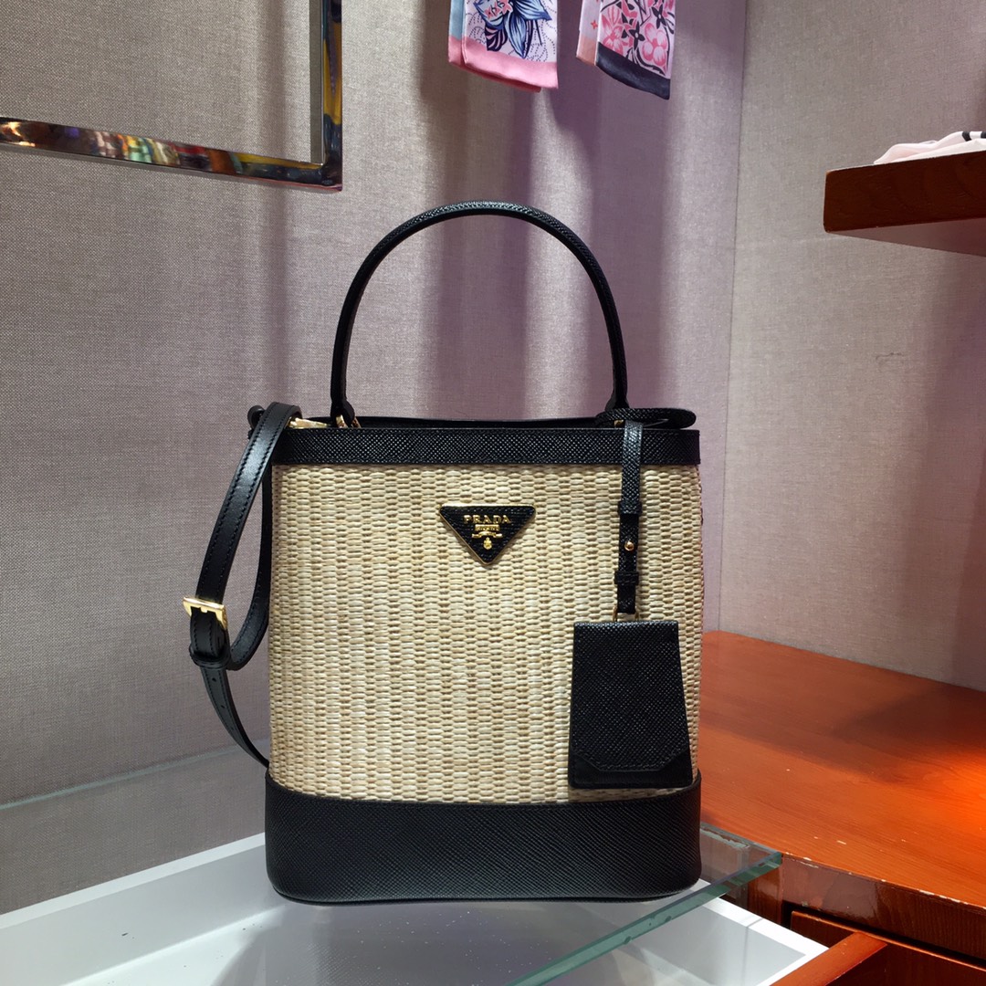 Prada Medium Panier Saffiano Leather And Weaving Materials Bag Tan/Black 1BA212